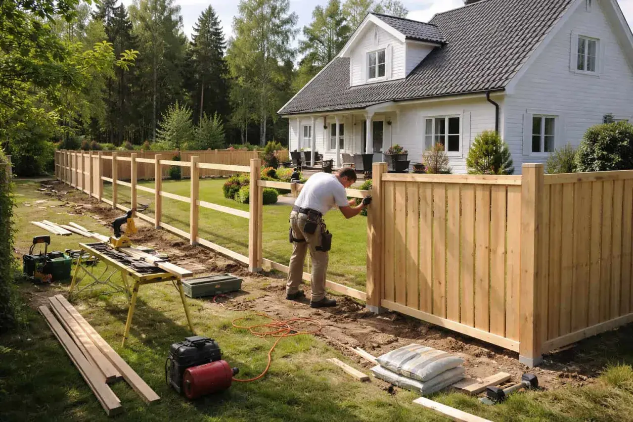 Man bygger ett nytt trästaket runt ett hus. Verktyg och material ligger utspridda, vilket visar hur man kan bygga billigt staket själv.