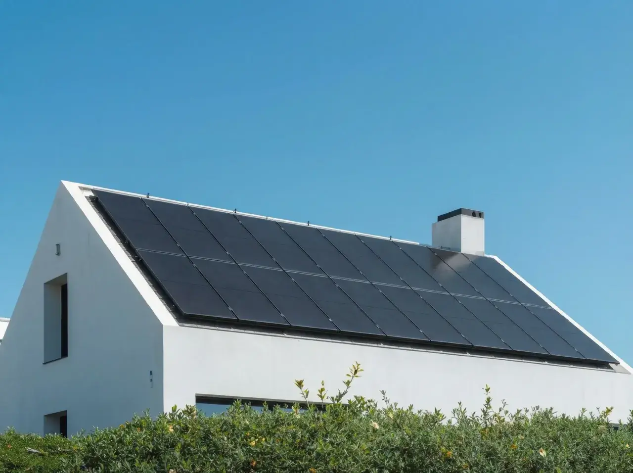 Modernt vitt hus med många mörka solceller på taket, som visar olika typer av solceller för hållbar energi.