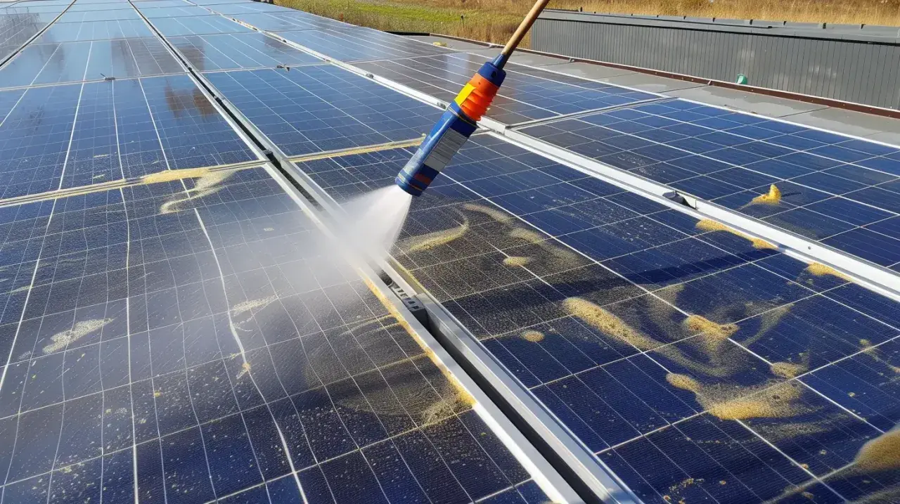 Rengöring av solceller för optimalt underhåll. Vatten sprutas på smutsiga paneler för att avlägsna damm och pollen.