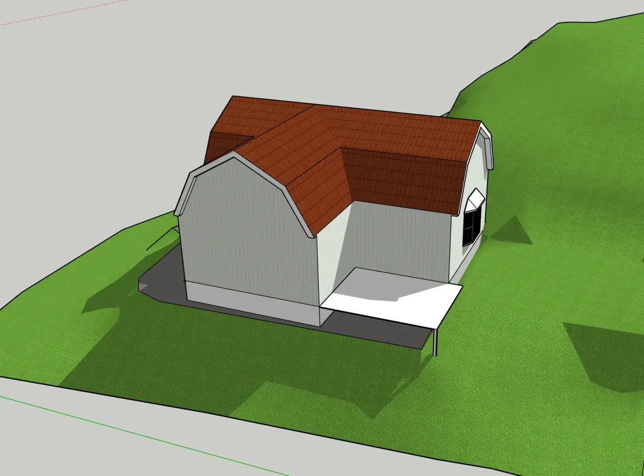 3D-modell av ett hus som ska bygga ut. Ett modernt tillägg planeras för det gamla huset, med en ny takkonstruktion och fasad.