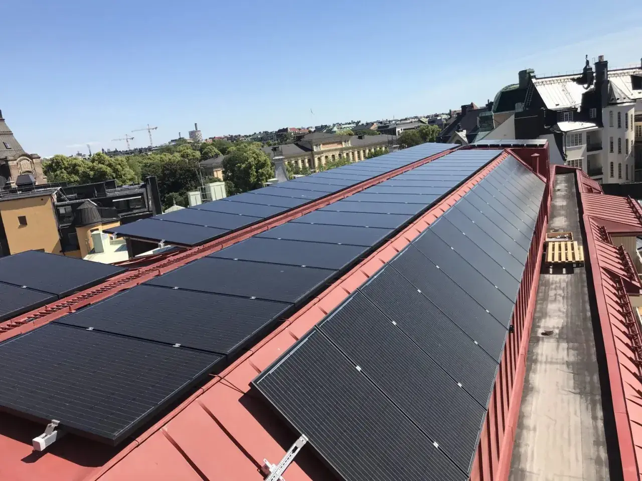 Rows of black solar panels installed on a red metal roof with buildings and trees in the background.