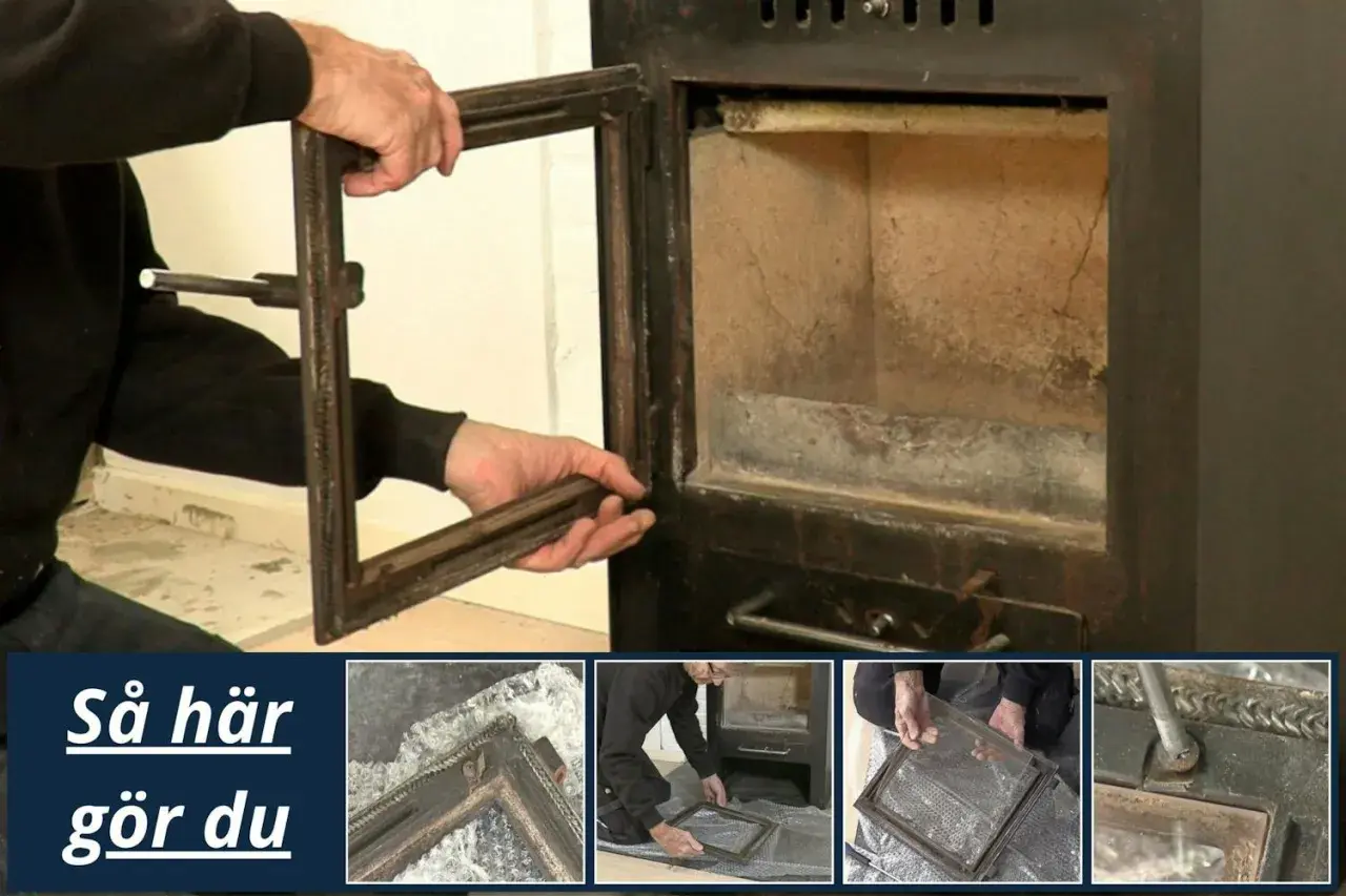 En person tar bort en dörr från en kamin där man ser en sprucken sten i kaminens inre.