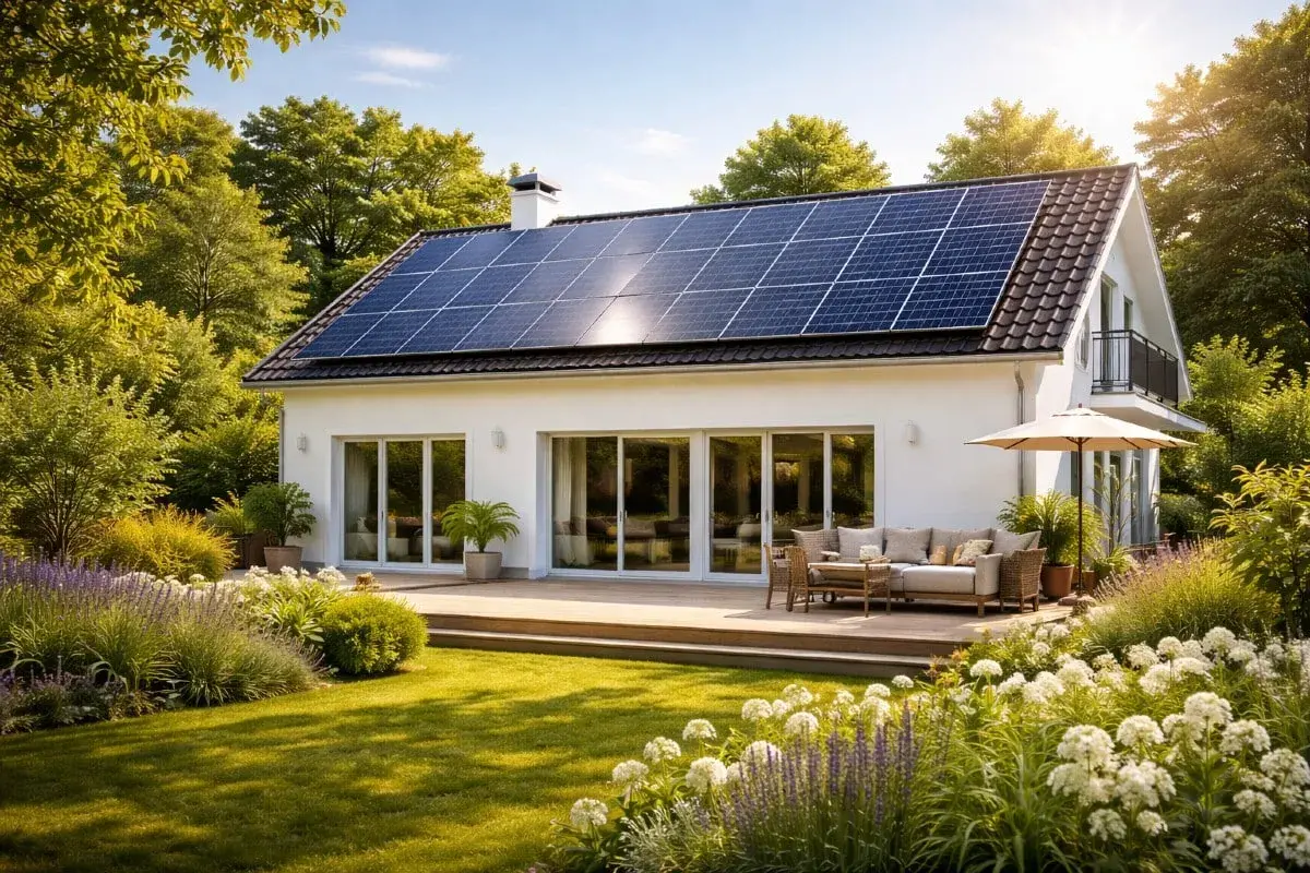 Vackert hus med solceller på taket, redo för en grön framtid. Välj solceller med eller utan batteri för optimal energilagring.