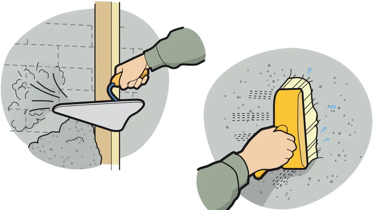 Två steg i putsbruk inomhus: applicering med spackel och utjämning med en svamp.