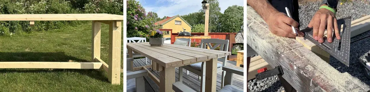 Bygga utebord: Enkla steg för att skapa ett robust utomhusbord. Trädetaljer, verktyg och ett färdigt bord i trädgården.