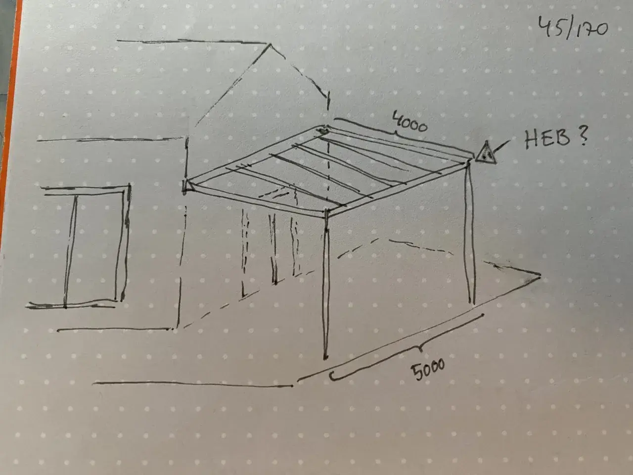 Skiss av altan/carport med mått 4000x5000. Frågetecken vid HEB-balken indikerar behov av dimensionering stålbalk.