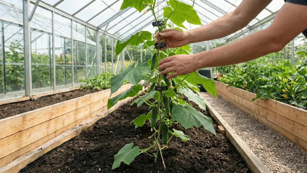 Händer som hjälper till att binda upp gurka i ett växthus. Gurkplantan växer sig stark och bär frukt.