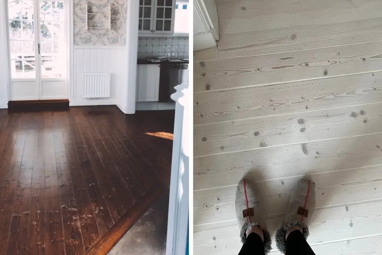 Före och efter: mörkt trägolv blir ljust och fräscht efter att ha fått slipa golv.