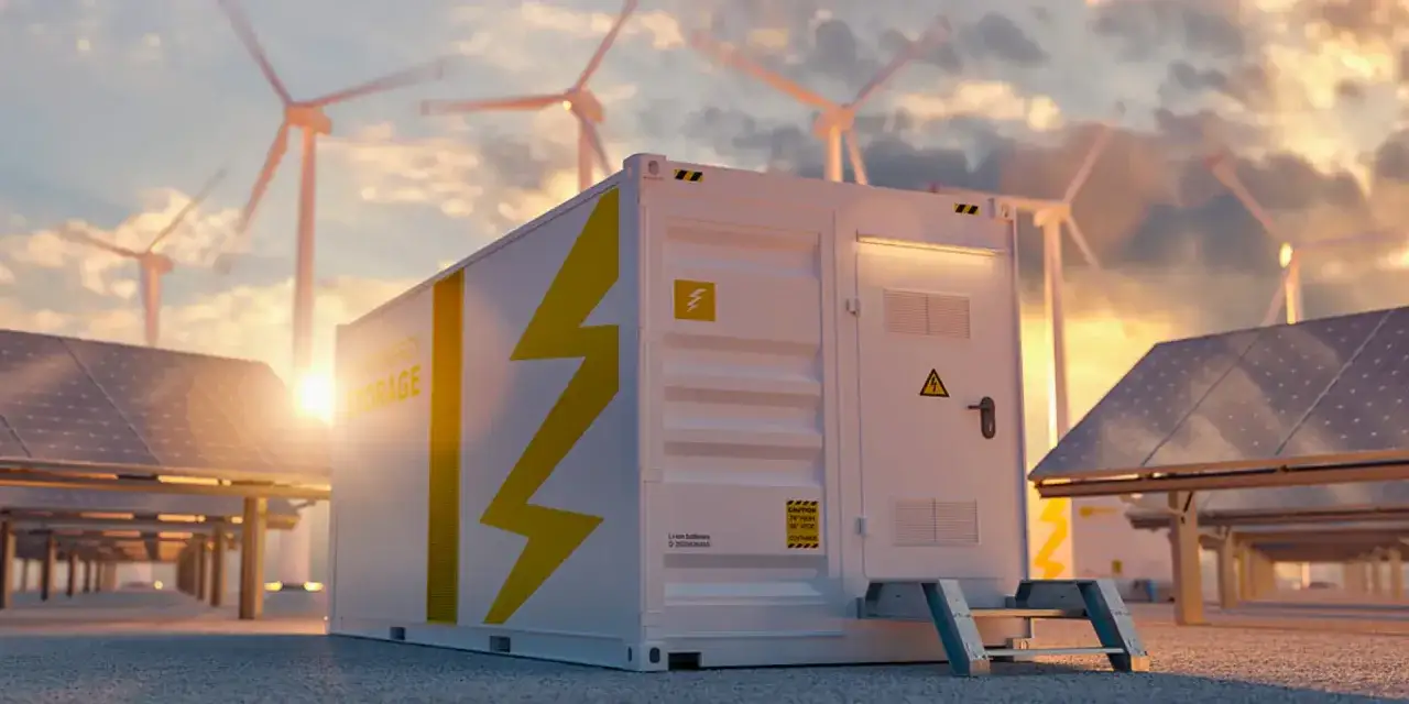 En batteribank f&ouml;r solceller och vindkraft. Solpaneler och vindkraftverk i bakgrunden.