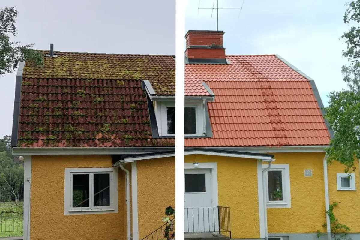 F&ouml;re och efter-bild som visar ett tak med mossa och alger, och sedan ett rent, nym&aring;lat tak. Takpannorna ser nu som nya ut.