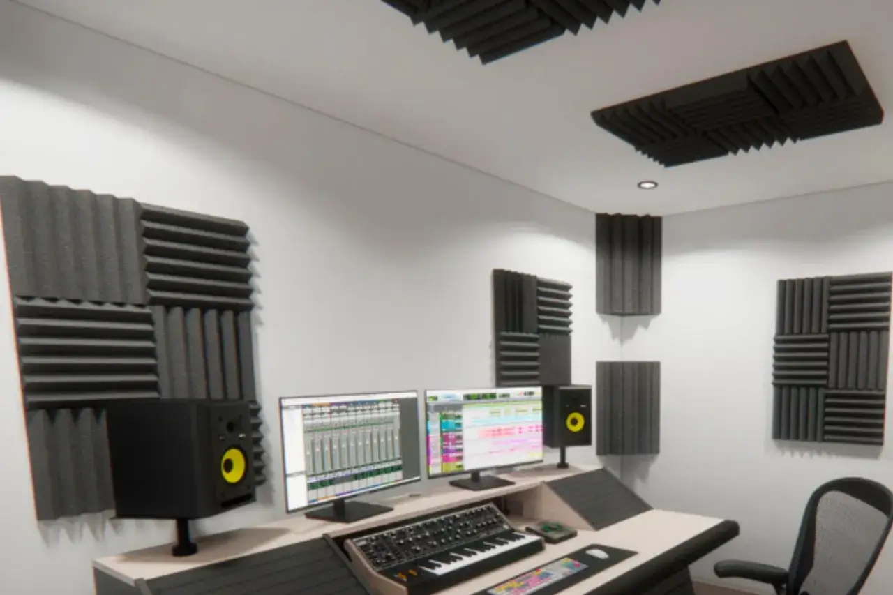 Ett modernt inspelningsrum med ljudabsorberande paneler p&aring; v&auml;ggar och tak f&ouml;r att ljudisolera rummet. Datorer, mixerbord och studiomonitorer &auml;r redo f&ouml;r musikproduktion.