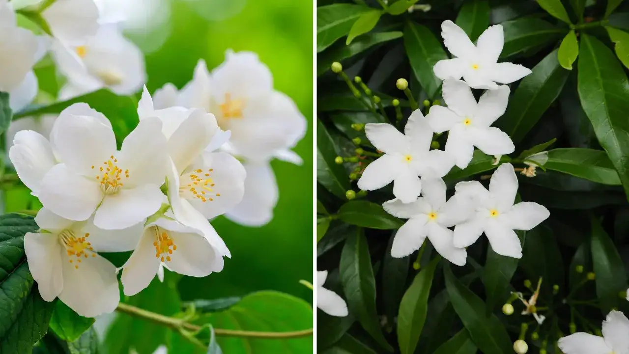 Tv&aring; n&auml;rbilder av vita jasminblommor med gr&ouml;na blad. Den v&auml;nstra visar en grupp blommor med gula st&aring;ndare, den h&ouml;gra visar femtaliga blommor.