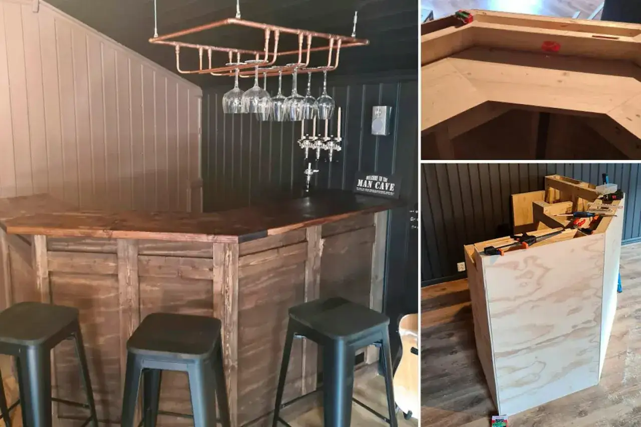 H&auml;r visas processen att bygga bar. En f&auml;rdigbyggd bar med glas och kranar, samt delar av bygget i plywood.