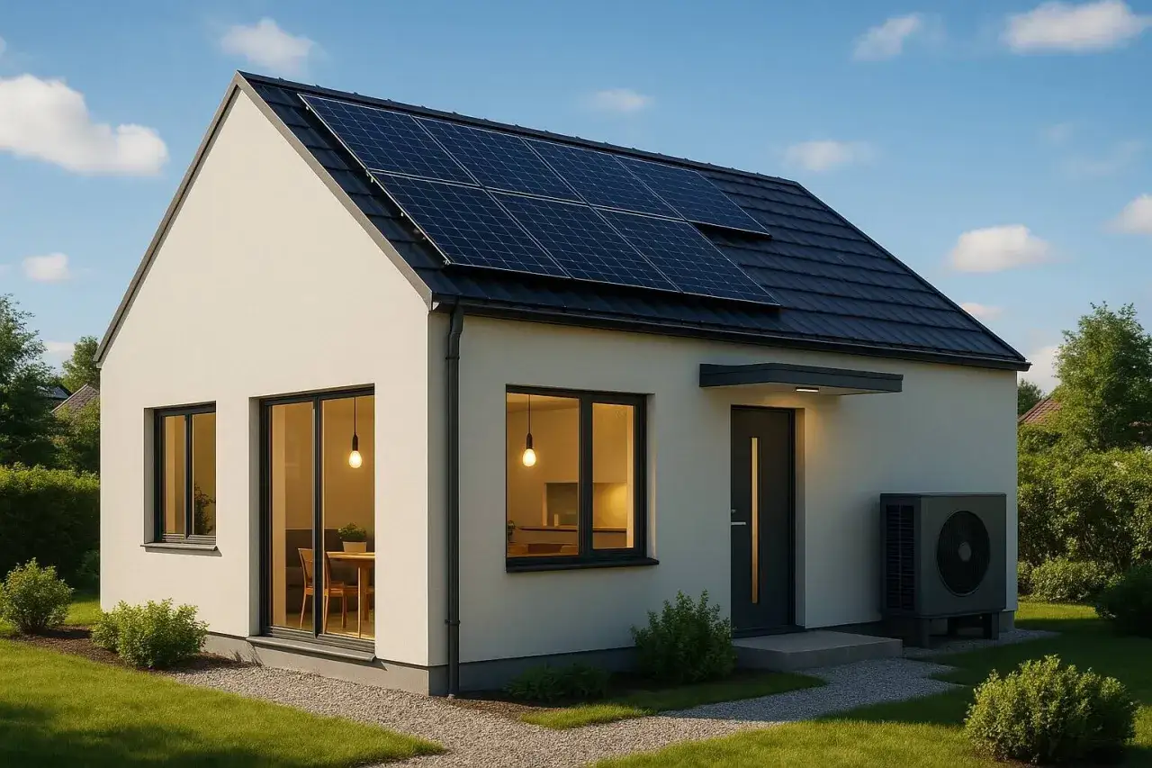 Modernt hus med solpaneler p&aring; taket och en v&auml;rmepump utanf&ouml;r.