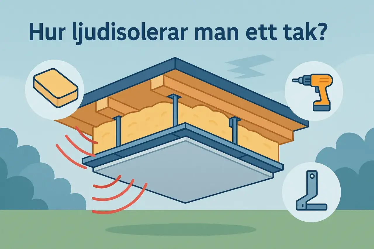 Illustration visar hur man ljudisolerar tak mellan våningar med isolering, skruvdragare och fästen.