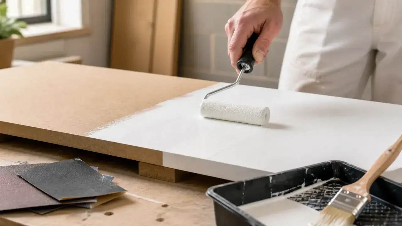 En person m&aring;lar en MDF-skiva vit med en roller. Sandpapper och f&auml;rgtr&aring;g syns i f&ouml;rgrunden.