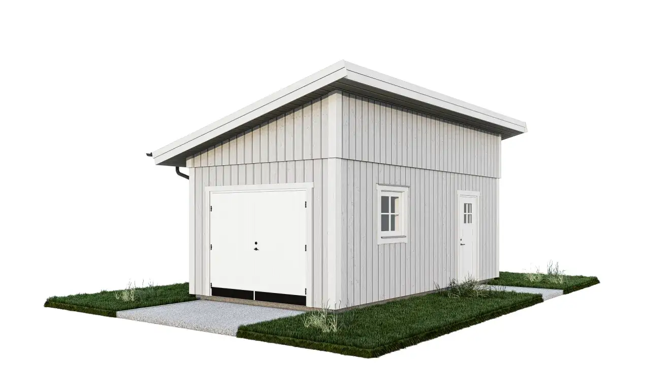 Enkel och stilren modell för att bygga garage. Grå träpanel, vita portar och fönster.