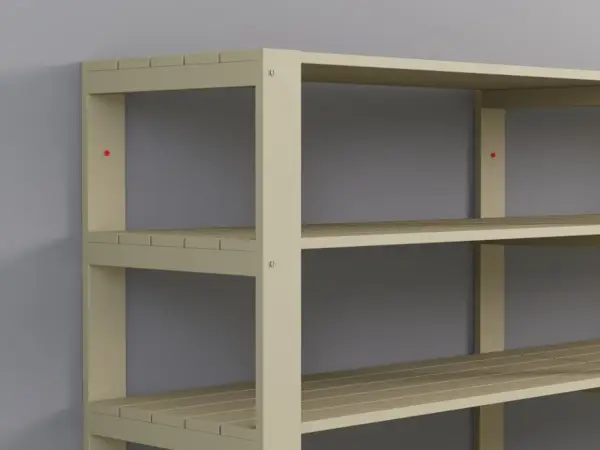 En beige hylla med tre hyllplan, perfekt för att bygga förvaring i hemmet.